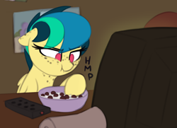Size: 1280x925 | Tagged: safe, artist:shinodage, imported from derpibooru, oc, oc only, oc:apogee, earth pony, pony, bowl, cereal, delta vee's junkyard, ear freckles, female, filly, floppy ears, food, freckles, grumpy, paper towels, remote, scrunchy face, single panel, television
