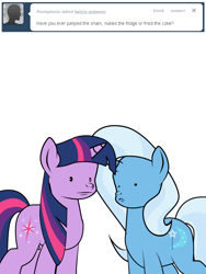 Size: 600x800 | Tagged: safe, artist:dekomaru, imported from derpibooru, trixie, twilight sparkle, pony, tumblr:ask twixie, ask, confused, faic, simple background, tumblr, white background