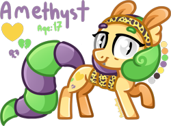 Size: 1351x993 | Tagged: safe, artist:amberpone, imported from derpibooru, oc, oc only, oc:amethyst, bat pony, gecko, hybrid, pony, bat eyes, cutie mark, fangs, female, food, gray, gray eyes, green, happy, long tail, mane, mare, orange, original character do not steal, original style, pegasister, purple, shading, simple background, smiling, standing, tail, teenager, transparent background, yellow