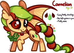 Size: 1347x951 | Tagged: safe, artist:amberpone, imported from derpibooru, oc, oc only, oc:carnelian, bat pony, gecko, hybrid, pony, bat wings, bowtie, cute, cutie mark, drawing, fanart, female, food, full body, fullbody, green, happy, long tail, mane, mare, orange, original character do not steal, paint tool sai, painttoolsai, pegasister, red, red eyes, shading, short mane, simple background, smiling, standing, tail, teenager, transparent background, wings