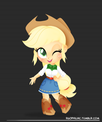 Size: 790x946 | Tagged: safe, artist:egophiliac, imported from derpibooru, applejack, equestria girls, chibi, cute, female, jackabetes, one eye closed, smiling, solo, wink