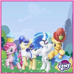 Size: 800x800 | Tagged: safe, imported from derpibooru, applejack, dj pon-3, pinkie pie, sapphire shores, vinyl scratch, pony, female, irl, my little pony logo, official, photo, toy