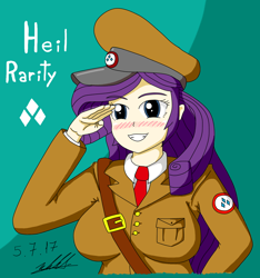 Size: 1024x1092 | Tagged: safe, artist:neutralchilean, imported from derpibooru, rarity, human, blushing, breasts, busty rarity, clothes, dictator, female, hat, humanized, nazi, salute, simple background, smiling, solo, uniform