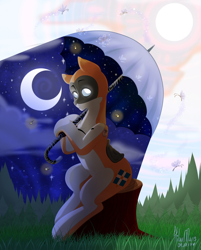 Size: 1740x2160 | Tagged: safe, artist:hiloumuns, imported from derpibooru, oc, oc only, oc:kiva, original species, pony, robot, robot pony, female, glowing eyes, moon, solo, sun, umbrella