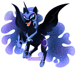 Size: 1391x1261 | Tagged: safe, artist:celestial-biohazard, imported from derpibooru, nightmare moon, alicorn, pony, fangs, female, looking at you, mare, raised hoof, simple background, solo, spread wings, transparent background, wings