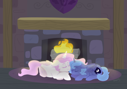 Size: 1000x700 | Tagged: safe, artist:dunefilly, deleted from derpibooru, imported from derpibooru, princess celestia, princess luna, pony, cuddling, fire, fireplace, missing accessory, pink-mane celestia, prone, s1 luna, sleeping