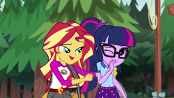 Size: 1280x720 | Tagged: safe, imported from derpibooru, screencap, sci-twi, sunset shimmer, twilight sparkle, equestria girls, legend of everfree, camp everfree outfits, clothes, duffle bag, fist, glasses, open mouth, shorts