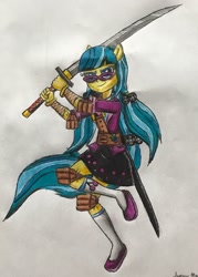 Size: 1949x2723 | Tagged: safe, artist:bozzerkazooers, imported from derpibooru, juniper montage, equestria girls, spoiler:eqg specials, clothes, female, ninja, ponied up, solo, sword, traditional art, weapon