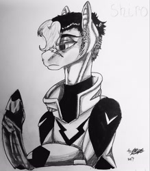 Size: 2577x2941 | Tagged: safe, artist:brainiac, imported from derpibooru, oc, oc only, pony, clothes, crossover, ear fluff, grayscale, monochrome, scar, shiro, solo, traditional art, voltron