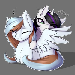 Size: 894x894 | Tagged: source needed, safe, artist:captainpudgemuffin, imported from derpibooru, oc, oc only, oc:snow mist, oc:waffles, pegasus, pony, unicorn, assisted preening, commission, cute, duo, nibbling, ponyloaf, preening, simple background