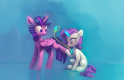 Size: 3541x2293 | Tagged: safe, artist:lilfunkman, imported from derpibooru, rarity, twilight sparkle, alicorn, pony, unicorn, dressmaking, duo, female, lesbian, measuring tape, rarilight, shipping, simple background, twilight sparkle (alicorn)