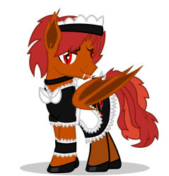 Size: 3122x3270 | Tagged: safe, artist:goldenfoxda, imported from derpibooru, oc, oc only, oc:crimson fang, bat pony, pony, vampire, bow, clothes, crossdressing, dark side, flats, maid, reptilian eyes, shoes, simple background, slippers, snake tounge, stockings, thigh highs, transparent background, vector