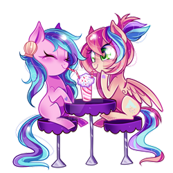 Size: 800x800 | Tagged: safe, artist:ipun, imported from derpibooru, oc, oc only, oc:sweet skies, oc:swirly shells, pegasus, pony, eyes closed, female, heart eyes, lesbian, mare, milkshake, oc x oc, sharing a drink, shell, shipping, simple background, sitting, stool, straw, table, transparent background, watermark, wingding eyes