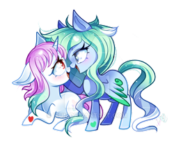 Size: 600x495 | Tagged: safe, artist:ipun, imported from derpibooru, oc, oc only, oc:amaranthine sky, oc:reverie, pegasus, pony, unicorn, blushing, boop, female, heart eyes, lesbian, looking at each other, mare, noseboop, oc x oc, prone, shipping, simple background, transparent background, watermark, wingding eyes