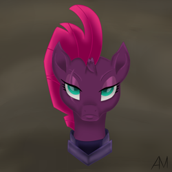 Size: 1000x1000 | Tagged: dead source, safe, artist:afterman, imported from derpibooru, tempest shadow, pony, unicorn, my little pony: the movie, abstract background, broken horn, bust, eye scar, female, head, mare, scar, serious, serious face, solo