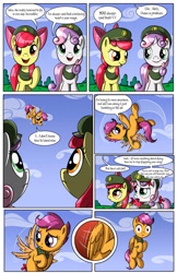 Size: 1280x1974 | Tagged: safe, artist:sirzi, imported from derpibooru, apple bloom, scootaloo, sweetie belle, earth pony, pegasus, pony, unicorn, comic:talisman for a pony, comic, cutie mark crusaders, filly guides, filly scouts, flying, jackie chan adventures, scootaloo can fly, talisman, this will end in pain, this will end in tears