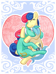 Size: 720x937 | Tagged: safe, artist:texasuberalles, imported from derpibooru, bon bon, lyra heartstrings, sweetie drops, earth pony, pony, unicorn, colored pencil drawing, eyes closed, female, hug, lesbian, lyrabon, mare, marker drawing, shipping, traditional art