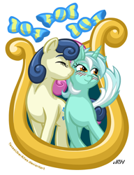 Size: 720x937 | Tagged: safe, artist:texasuberalles, imported from derpibooru, bon bon, lyra heartstrings, sweetie drops, earth pony, pony, unicorn, blushing, cheek kiss, cutie mark, eyes closed, female, kiss on the cheek, kissing, lesbian, lyrabon, mare, shipping, simple background, white background