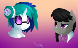 Size: 1600x1000 | Tagged: safe, artist:shan3ng, imported from derpibooru, dj pon-3, octavia melody, vinyl scratch, earth pony, pony, unicorn, bust, female, gradient background, headphones, mare, portrait