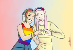 Size: 3120x2150 | Tagged: safe, artist:angelpony99, imported from derpibooru, fluttershy, rainbow dash, human, bisexual, bisexual pride flag, duo, female, flutterdash, gay pride flag, humanized, lesbian, love, pride, shipping