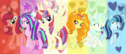 Size: 7000x3000 | Tagged: safe, artist:luckyclau, imported from derpibooru, adagio dazzle, aria blaze, gloriosa daisy, moondancer, sonata dusk, vapor trail, pony, absurd resolution, alternate mane six, alternate universe, equestria girls ponified, ponified, the dazzlings