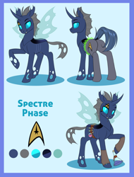 Size: 700x920 | Tagged: safe, artist:peridotkitty, artist:silkensaddle, imported from derpibooru, oc, oc only, oc:spectre phase, changeling, blue changeling, changeling oc, potion, potion making, reference sheet, star trek