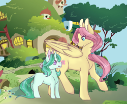 Size: 1024x843 | Tagged: safe, artist:uniquecolorchaos, imported from derpibooru, fluttershy, oc, oc:flora ivy, pony, unicorn, adopted offspring, female, filly, fluttershy's cottage, mother and daughter, offspring, parent:braeburn, parent:fluttershy, parents:braeshy