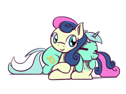 Size: 1800x1350 | Tagged: safe, artist:flutterluv, imported from derpibooru, bon bon, lyra heartstrings, sweetie drops, earth pony, pony, unicorn, adorabon, crossed hooves, cuddling, cute, eyes closed, female, lesbian, lyrabetes, lyrabon, mare, prone, shipping, simple background, smiling, transparent background