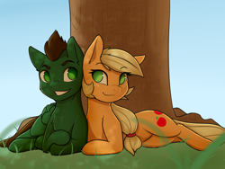 Size: 1280x960 | Tagged: safe, artist:captainpudgemuffin, imported from derpibooru, applejack, oc, earth pony, pegasus, pony, canon x oc, commission, female, looking at each other, male, mare, no pupils, stallion, straight, tree