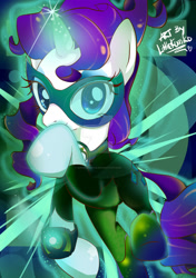 Size: 1024x1453 | Tagged: safe, artist:kumikoponylk, imported from derpibooru, rarity, pony, unicorn, abstract background, clothes, costume, female, green lantern, mare, solo, watermark