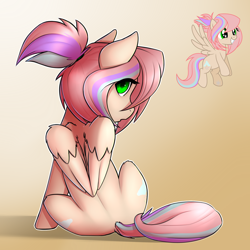 Size: 2400x2400 | Tagged: safe, artist:captainpudgemuffin, imported from derpibooru, oc, oc only, oc:sweet skies, pegasus, pony, commission, cute, female, gradient background, looking at you, looking back, looking back at you, mare, ocbetes, sitting, solo