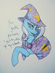 Size: 711x948 | Tagged: safe, artist:teaxstorm, imported from derpibooru, trixie, pony, unicorn, cape, clothes, colored pupils, dialogue, female, grin, hat, looking at you, mare, raised hoof, simple background, smiling, solo, trixie's cape, trixie's hat, white background