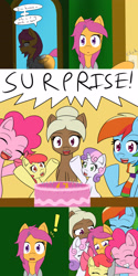 Size: 1600x3200 | Tagged: safe, artist:jake heritagu, imported from derpibooru, apple bloom, pinkie pie, rainbow dash, scootaloo, sweetie belle, oc, oc:sandy hooves, pony, comic:ask motherly scootaloo, birthday cake, cake, candle, clothes, comic, crying, food, motherly scootaloo, scarf, sweatshirt