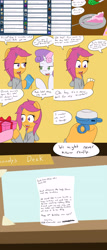 Size: 2420x5640 | Tagged: safe, artist:jake heritagu, imported from derpibooru, pinkie pie, scootaloo, sweetie belle, pony, comic:ask motherly scootaloo, absurd resolution, ask, bell, birthday cake, cake, card, clothes, comic, desk, food, fork, letter, motherly scootaloo, party horn, plate, present, sweatshirt