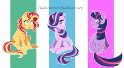 Size: 6551x3609 | Tagged: safe, artist:thebirdfromthemoon, imported from derpibooru, starlight glimmer, sunset shimmer, twilight sparkle, alicorn, pony, unicorn, absurd resolution, backwards cutie mark, blushing, both cutie marks, cute, female, glimmerbetes, looking back, mare, shimmerbetes, sitting, smiling, tongue out, trio, trio female, twiabetes, twilight sparkle (alicorn)