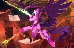 Size: 2500x1636 | Tagged: safe, artist:yakovlev-vad, imported from derpibooru, sci-twi, twilight sparkle, alicorn, pony, equestria girls, art, badass, book, cross, equestria girls ponified, evil twilight, female, glowing eyes, grin, magic, midnight sparkle, ponified, slim, smiling, solo, spread wings, telekinesis, twilight is anakin, twilight sparkle (alicorn), tyrant, tyrant sparkle, wings