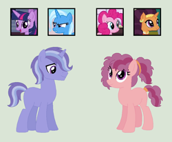 Size: 834x686 | Tagged: safe, artist:srbarker, imported from derpibooru, pinkie pie, saffron masala, trixie, twilight sparkle, oc, pony, unicorn, female, lesbian, mare, saffronpie, shipping, twixie