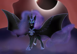 Size: 3508x2480 | Tagged: safe, artist:deathsnail, artist:snailbert-arts, imported from derpibooru, nightmare moon, alicorn, pony, bat wings, eclipse, female, grin, looking at you, smiling, solar eclipse, solo, spread wings, wings