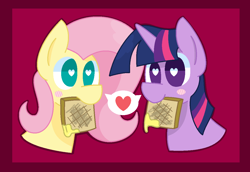 Size: 1226x844 | Tagged: safe, artist:redrose26, imported from derpibooru, fluttershy, twilight sparkle, pony, blushing, bread, female, food, heart, heart eyes, lesbian, mouth hold, shipping, simple background, toast, twishy, wingding eyes