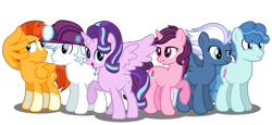 Size: 3685x1700 | Tagged: safe, artist:stellardusk, imported from derpibooru, double diamond, night glider, party favor, starlight glimmer, sugar belle, sunburst, alicorn, earth pony, pegasus, pony, unicorn, alicornified, alternate hairstyle, alternate mane six, alternate universe, cute, equal four, female, glimmerbetes, looking at you, male, mare, pegasus sunburst, race swap, simple background, smiling, stallion, starlicorn, transparent background, vector, xk-class end-of-the-world scenario