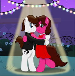 Size: 1823x1860 | Tagged: safe, artist:aarondrawsarts, imported from derpibooru, oc, oc only, oc:brain teaser, oc:rose bloom, pony, bedroom eyes, bipedal, bowtie, brainbloom, canterlot, clothes, dress, garden, jewelry, love, necklace, pony prom, prom, romance, romantic, spotlight, tumblr, tuxedo