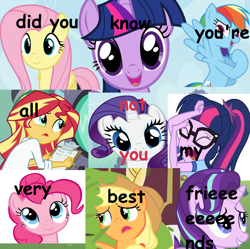 Size: 1024x1019 | Tagged: safe, edit, edited screencap, imported from derpibooru, screencap, applejack, fluttershy, pinkie pie, rainbow dash, rarity, sci-twi, starlight glimmer, sunset shimmer, twilight sparkle, earth pony, pegasus, pony, unicorn, equestria girls, comic sans, exploitable meme, meme, not you