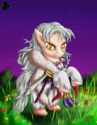 Size: 2500x3200 | Tagged: safe, artist:katakiuchi4u, imported from derpibooru, demon pony, pony, anime, clothes, commission, crossover, inuyasha, male, ponified, rearing, sesshoumaru, solo, stallion