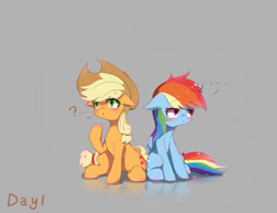 Size: 1440x1110 | Tagged: safe, artist:irenla, imported from derpibooru, applejack, rainbow dash, earth pony, pegasus, pony, ..., :o, appledash, applejack's hat, blushing, cowboy hat, female, floppy ears, gray background, hat, lesbian, open mouth, question mark, raised hoof, shipping, simple background, sitting