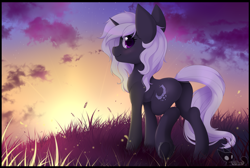 Size: 3597x2417 | Tagged: safe, artist:teranen, imported from derpibooru, oc, oc only, oc:moon shard, pony, unicorn, butt, cloud, colored pupils, commission, female, grass, looking back, mare, outdoors, plot, solo, sunset, twilight (astronomy), underhoof, ych result