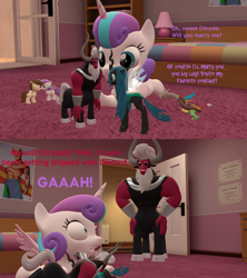 Size: 1920x2160 | Tagged: safe, artist:red4567, imported from derpibooru, discord, lord tirek, pound cake, princess flurry heart, queen chrysalis, alicorn, centaur, changeling, draconequus, pegasus, taur, 3d, chrysirek, dark helmet, dialogue, filly pound cake, filly pumpkin cake, flurry the shipper, lampshade hanging, like mother like daughter, like parent like child, male, older, older flurry heart, older pound cake, poundflurry, rick moranis, scared, shipper on deck, shipping, source filmmaker, spaceballs the tag, straight, tiralis, tirek is not amused, unamused