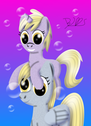 Size: 1449x2000 | Tagged: safe, artist:trackheadtherobopony, imported from derpibooru, derpy hooves, dinky hooves, pegasus, pony, unicorn, bubble, cute, dinkabetes, dinky riding derpy, equestria's best mother, female, filly, mare, mother and daughter, ponies riding ponies, pony hat, riding