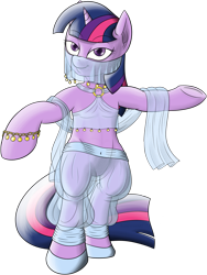 Size: 1493x1990 | Tagged: safe, artist:underwoodart, imported from derpibooru, twilight sparkle, pony, bedroom eyes, belly button, belly dancer, bipedal, clothes, female, simple background, solo, transparent background, veil