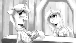 Size: 2439x1372 | Tagged: safe, artist:anticular, imported from derpibooru, oc, oc only, oc:littlepip, oc:velvet remedy, pony, unicorn, fallout equestria, fallout equestria illustrated, blushing, clothes, cutie mark, fanfic, fanfic art, female, floppy ears, grayscale, hooves, horn, jumpsuit, mare, monochrome, open mouth, pipbuck, smiling, teeth, vault suit