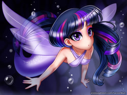 Size: 900x668 | Tagged: safe, artist:racoonsan, imported from derpibooru, twilight sparkle, alicorn, human, mermaid, my little pony: the movie, bocas top, bubble, cute, eyeshadow, female, horned humanization, humanized, looking at you, makeup, mermaidized, sleeveless, solo, species swap, twilight sparkle (alicorn), underwater, water